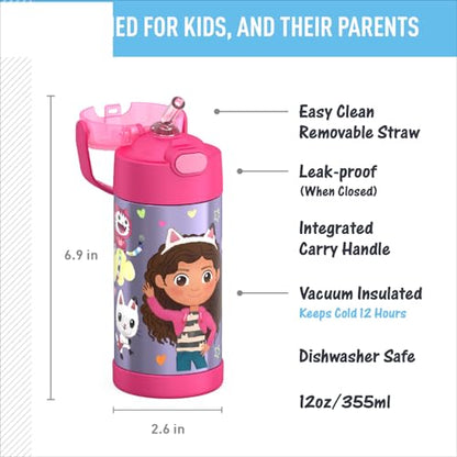 THERMOS FUNTAINER Water Bottle with Straw - 12 Ounce - Kids Stainless Steel Vacuum Insulated Water Bottle with Lid, Gabby’s Dollhouse - color: Gabby's Dollhouse