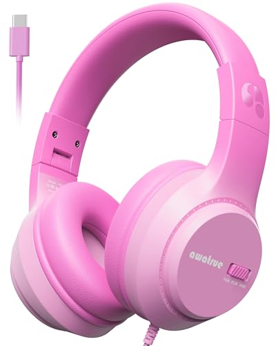 awatrue USB-C Kids Headphones, 74/85/94dB Volume Limiter, Foldable Wired Over Ear Headphones for Travel, Toddler Headphones for School, Travel, iPad, Tablet, Pink Gradient - color: USB-C Pink Gradient