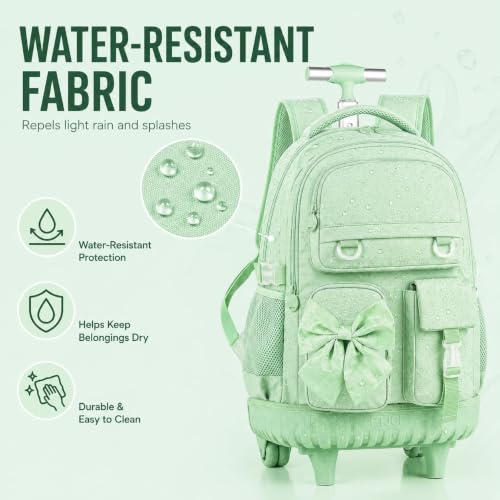 3Pcs Rolling Backpack for Girls Women, School Kids Roller Bookbag with Wheels, Wheeled Backpacks Set for Elementary (Green) - color: Bow Green