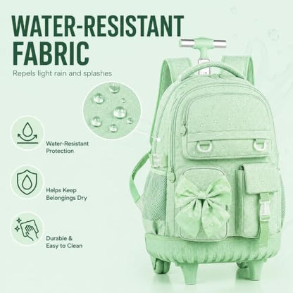 3Pcs Rolling Backpack for Girls Women, School Kids Roller Bookbag with Wheels, Wheeled Backpacks Set for Elementary (Green) - color: Bow Green
