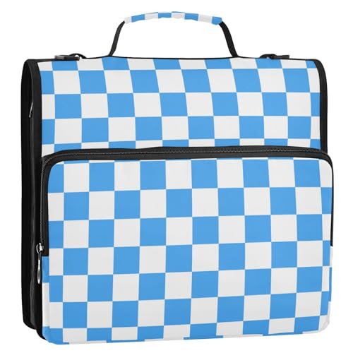 Checkered Blue Zipper Binder 3 Ring 1.5 Inch School Binder Organizer with Shoulder Strap Handle File Folder Pockets Large Capacity Students Girl Boy Men Office Work - color: Checkered Blue