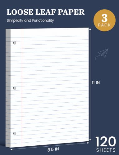 Loose Leaf Paper, 360 Sheets Filler Notebook Paper, 3-Hole Punched Binder Papers 8-1/2 x 11 In, Wide Ruled Lined Paper 8.5 x 11 for 3 Ring Binder, White, 3 Pack, 120 Sheets/Pad - style: 8.5x11-Wide Ruled-3 Pack (360 Sheets)