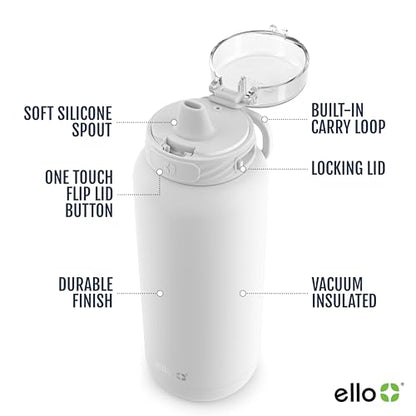 Ello Cooper 40oz Stainless Steel Water Bottle with Straw and Carry Handle, Double Walled and Vacuum Insulated Metal, Leak Proof Locking Lid with Soft Silicone Spout, Reusable, BPA Free, White - color: White, size: 40 Ounces