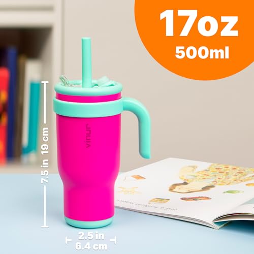 VINUR Insulated Tumbler with Handle 17 oz Stainless Steel Double Wall Vacuum Tumbler Travel Water Cup with Lid and Straw(Rose Pink) - color: Rose Pink-Teal, size: 17 Ounces
