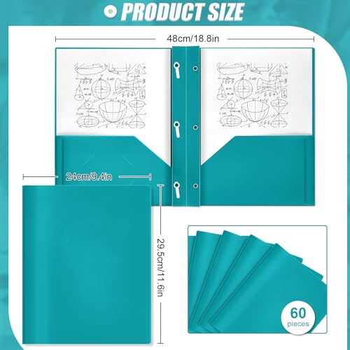 Yeaqee 60 Pcs Plastic Folders with Pockets and Prongs Plastic Folder 2 Pockets 3 Prongs with Business Card Slot Back to School Folders for Students, Teachers, Office Workers (Turquoise)