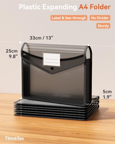 ThinkTex Plastic Expanding File Folder, Transparent envelopes with Snap Closure, No Dividers, Large Capacity, Fit Letter/A4 Size - 5 Packs - color: 5 Packs
