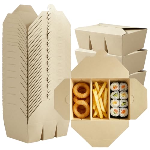30 Pack Take Out Food Containers, 3-Compartment 7.5x5.4x2.6" Bamboo Pulp Paper Take Out Boxes, Disposable To Go Container Take Out Containers, Greaseproof Paper Bento Box Takeout Lunch Boxes with Lid - color: Bamboo Paper Color-Snap