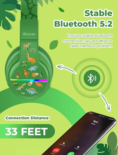 iClever BTH12 Kids Bluetooth Headphones,Colorful LED Lights Wireless Kids Headphones,74/85dBA Safe Volume,85H Playtime,Bluetooth 5.2,Over Ear Dinosaur Headphone Built-in Mic for iPad/Tablet/Airplane - color: C-Green