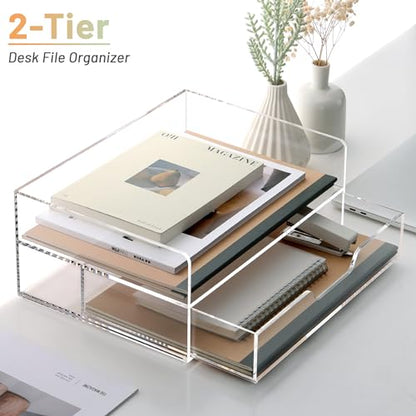 SANRUI 2-Tier Paper Letter Tray Organizer with Sliding Drawer,Stackable Desk Organizer,Acrylic Paper Tray for Office,Home or School,Clear - style: 2 Tier Horizontal File Tray with Drawer