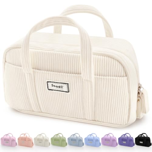 Sooez Large Pencil Case Pouch, Extra Big Pencil Bag with 5 Compartments, Pen Bag Wide Opening, Soft Corduroy Pencil Pouch Organizer with Zipper, Cute Aesthetic School Supplies for Teen Girls-Beige - color: Beige