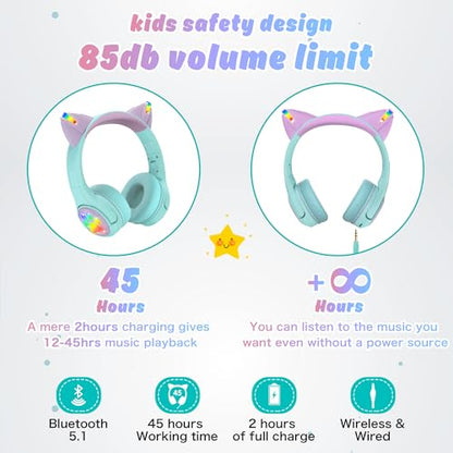 Riwbox CF9 Cat Ear Kids Bluetooth Headphones with LED Light Up,Safe 85dB Volume Limit,Built-in Mic&Boom Mic for Calls,Kids Wireless&Wired Headphones for Tablet/Airplane/School/Online Learning (Green) - color: Green