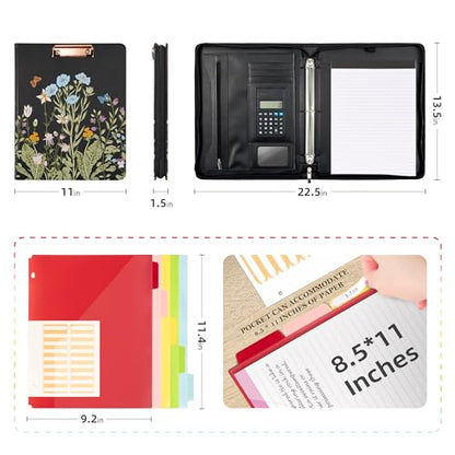 Ospelelf Leather Portfolio Folder with Zipper - 3 Ring Binder with Clipbard - Calculator, 12.1” Tablet Sleeve, 5 Dividers with 10 Pockets, Refillable Notepad, Card Holder (Bushes) - color: Bushes