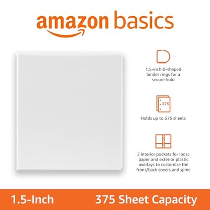 Amazon Basics 3 Ring Binders, 1.5 Inch D-Ring Organizer for School, Home Office, White, 4 Pack - size: 4-Pack, style: 1.5-inch