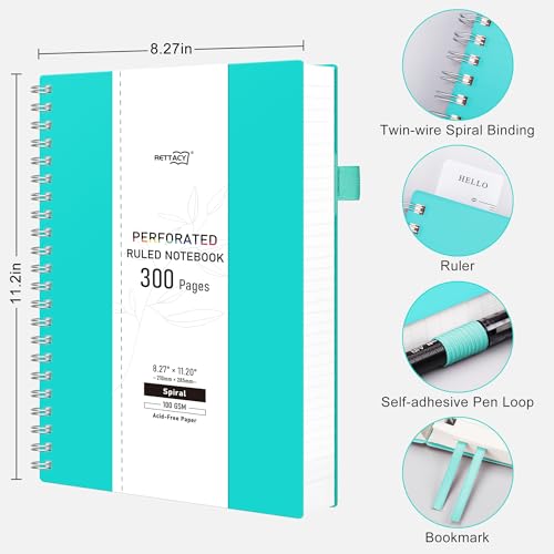 RETTACY Spiral College Ruled Notebook, 300 Perforated Pages (8.2" x 11.2") | 100 GSM Thick Paper, Flexible Plastic Cover, for School, Work, Writing, Journaling (Tiffani Blue) - color: Tiffani Blue