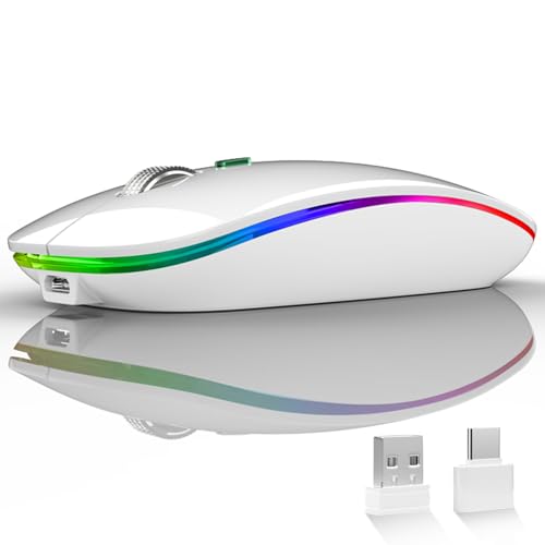 Uiosmuph LED Wireless Mouse, G12 Slim Rechargeable Silent Mouse, 2.4G Portable USB Optical Wireless Computer Mice with USB Receiver and Type C Adapter (White) - color: White
