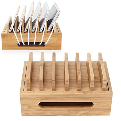 Wooden Charging Station Organizer, Stylish Retro Adjustable Multiple Device Charging Station Rack with Cable Box Organizer for Laptop Tablets Pads Smartphones