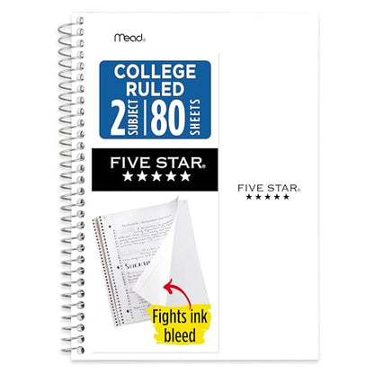 Five Star Spiral Notebook, 2 Subject, College Ruled Paper, 6" x 9-1/2", 80 Sheets, Fights Ink Bleed, Water Resistant Cover, White (840029E) - color: White, size: Pack of 1