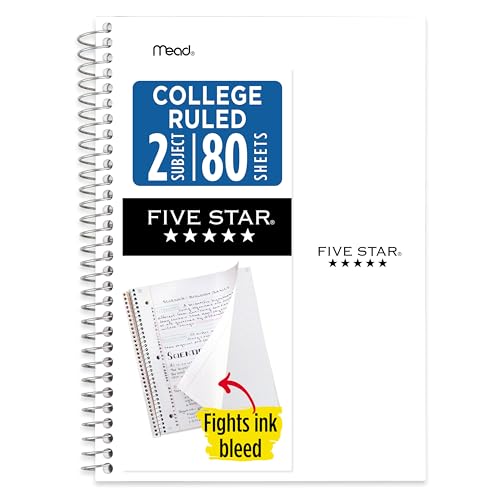 Five Star Spiral Notebook, 2 Subject, College Ruled Paper, 6" x 9-1/2", 80 Sheets, Fights Ink Bleed, Water Resistant Cover, White (840029E) - color: White, size: Pack of 1