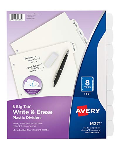 Avery Big Tab Write & Erase Durable Plastic Dividers for 3 Ring Binders, 8-Tab Set, White, 1 Set (16371)