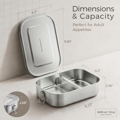 G.a HOMEFAVOR Stainless Steel Bento Lunch Box, 2-Compartment, 1600 ml/54 oz | Leak-Proof, Dishwasher Safe, BPA-Free, with Lock Clips & Removable Divider, Large Capacity, Meal Prep, for Adults - size: 1600 ml - with Compartments