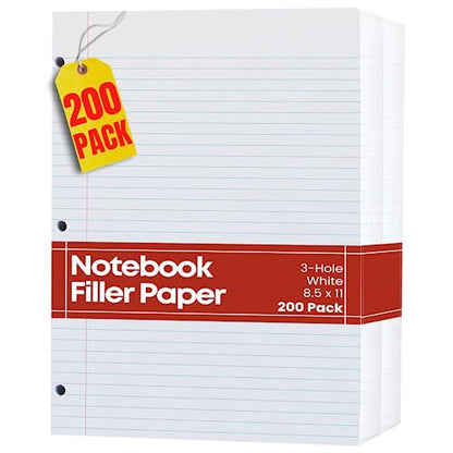 1InTheOffice Loose Leaf Paper College Ruled, Notebook Paper for 3 Ring Binder, Lined Filler Paper, Letter Size, 200 Pack