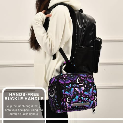 MNSRUU Student Lunch Bag Neon Purple and Bats Stars and Moons Insulated DinnerTotes Picnic Bag Lunch Box with Adjustable Shoulder Strap for Teen Kids Adults - color: Bats A8889