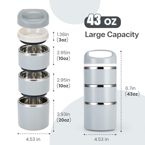 Lille Home Stackable Stainless Steel Thermal Compartment Lunch/Snack Box, 3-Tier Insulated Bento/Food Container with Lunch Bag and Three Extra Seals, 43OZ (Gray) - color: Gray