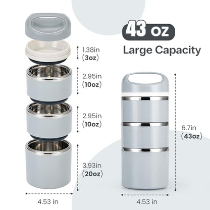 Lille Home Stackable Stainless Steel Thermal Compartment Lunch/Snack Box, 3-Tier Insulated Bento/Food Container with Lunch Bag and Three Extra Seals, 43OZ (Gray) - color: Gray