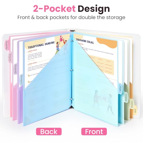 Sooez 8-Tab Binder Dividers with Two Pockets, 8 Tabs Dividers for 3 Ring Binder Organizers, 3-Hole Plastic Sheets Protectors for US Letter Size, School, College, Office Supplies, Pastels, Set of 3 - size: 3 Sets