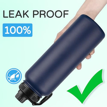 DOMICARE 40 oz Insulated Water Bottle, Vacuum Insulated Stainless Steel Sports Water Bottle with Straw Lid & Spout Lid, Leakproof, Reusable - Travel, Camping, Bike, Navy Blue - color: Navy Blue, size: 40 Ounces