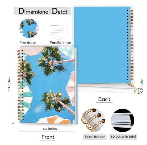 XUNLURY Coastal Beach Notebook, Tropical Palm Tree Beachy Umbrella Journal, Retro Summer Coastal Ocean Journal, Beach Lover Gifts Hardcover Spiral Notebooks, 5.5x8.3 Inch - color: Color_E