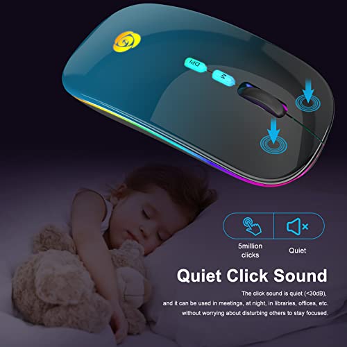 LED Wireless Mouse, Bluetooth Mouse &2.4GHz Instant Connection,Rechargeable Ultra Silent Slim,3 DPI 2 Connection Modes with USB-C to USB Adapter for Laptop/MacBook/PC/Tablet/iPad (Black-blue) | Bluetooth mouse with 2.4GHz USB receiver, silent slim design,