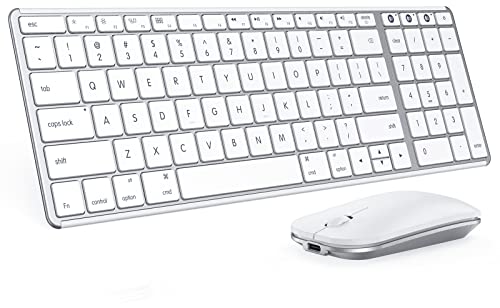 seenda SKM64-2 Bluetooth Keyboard and Mouse Combo for Mac, MacBook and iPad | 3-device Bluetooth switching, rechargeable, quiet keys/clicks, compact slim design for office and home use, White & Silver - color: White & Silver