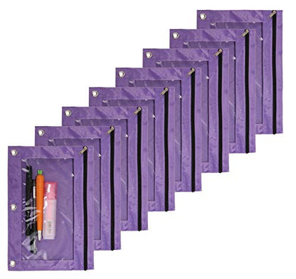 Binder Pencil Pouch 3 Rings Pencil Case | with Clear Window for School Classroom Organizers 8 Pcs (purple) - color: Purple