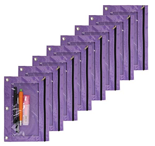 Binder Pencil Pouch 3 Rings Pencil Case | with Clear Window for School Classroom Organizers 8 Pcs (purple) - color: Purple