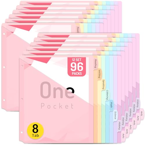 Forvencer 96 Count Dividers for 3 Ring Binder, 8 tabs Binder Dividers with Pocket for US Letter Size, Binder Dividers with Tabs for School Office and Home Organization, Multicolor, 12 Sets - color: Pink, size: 12 Sets