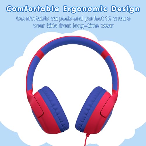 ZIHNIC Wired Kids Headphones, Safe 85dB Volume Limit for Boys & Girls, Comfortable Earpads, Foldable Design for School, Tablets, and Travel-RED - color: RED
