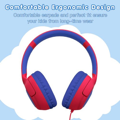 ZIHNIC Wired Kids Headphones, Safe 85dB Volume Limit for Boys & Girls, Comfortable Earpads, Foldable Design for School, Tablets, and Travel-RED - color: RED