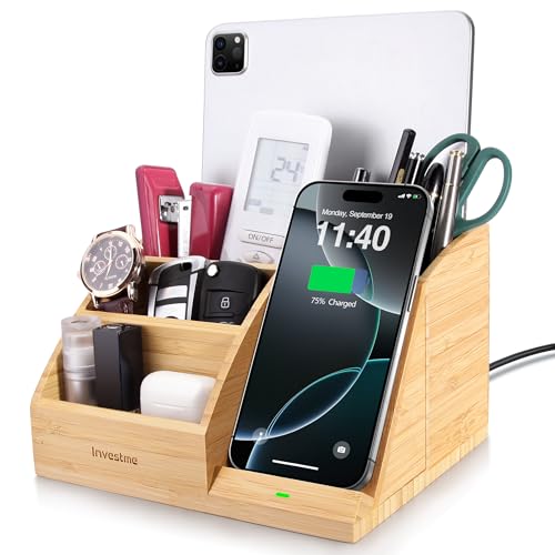 Bamboo Pen Holder with Wireless Charger, Desk Organizer with 5 Compartments for Home Office Supplies Compatible with iPhone & Samsung Series - color: Natural