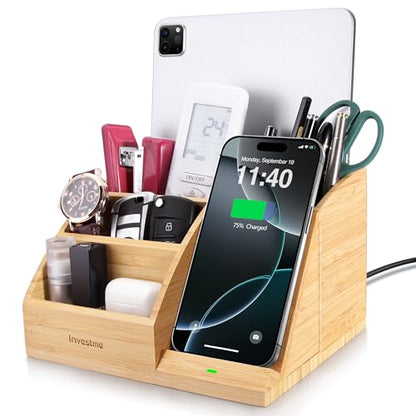 Bamboo Pen Holder with Wireless Charger, Desk Organizer with 5 Compartments for Home Office Supplies Compatible with iPhone & Samsung Series - color: Natural