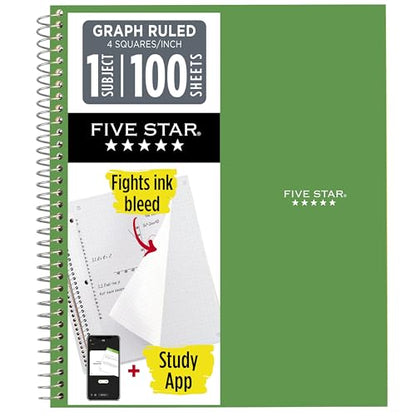 Five Star Spiral Notebook + Study App, 1 Subject, Graph Ruled Paper, 8-1/2" x 11", 100 Sheets, Fights Ink Bleed, Water Resistant Cover, Seaglass Green (620000CH1) - color: Seaglass Green, size: Pack of 1