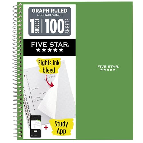 Five Star Spiral Notebook + Study App, 1 Subject, Graph Ruled Paper, 8-1/2" x 11", 100 Sheets, Fights Ink Bleed, Water Resistant Cover, Seaglass Green (620000CH1) - color: Seaglass Green, size: Pack of 1