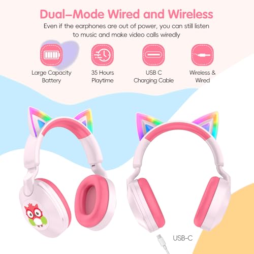 LOBKIN Kids Headphones with Microphone Bluetooth 6.0, Toddler Headphones LED Ligh Rotatable Foldable Sensitive Mic Adjustable 85/94dB Volume Limit Real-time Audio Feedback for Boys Girls Online School