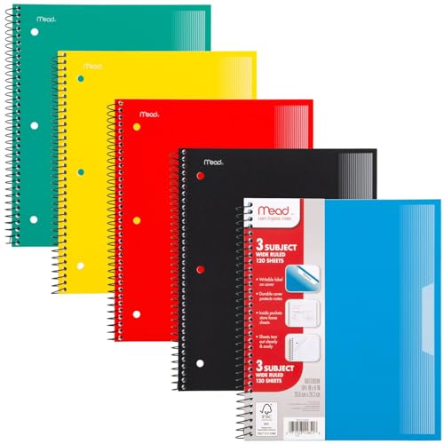 Mead Spiral Notebook, 5 Pack, 3 Subject, Wide Ruled Paper, Plastic Cover, 8" x 10-1/2", 120 Sheets per Notebook, Black, Red, Blue, Green and Yellow (930100A-ECM) - style: Wide Ruled