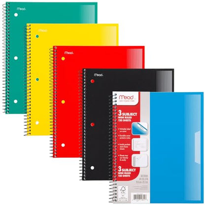 Mead Spiral Notebook, 5 Pack, 3 Subject, Wide Ruled Paper, Plastic Cover, 8" x 10-1/2", 120 Sheets per Notebook, Black, Red, Blue, Green and Yellow (930100A-ECM) - style: Wide Ruled