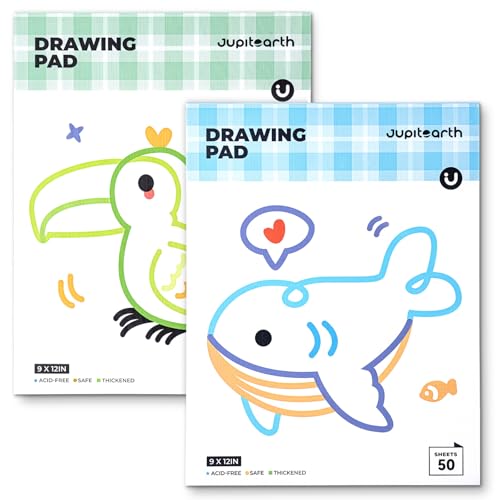 JUPITEARTH Sketch Pads, 2-Pack 50 Sheets 9x12 Inch Drawing Pad, Acid-Free Thickened Glue-Bound Sketchbook, Art Supplies, Drawing Paper for Coloring Painting for School - color: 2