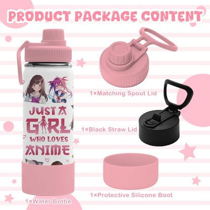 18oz Anime Water Bottle with 2 Lids (Spout and Straw Lid), Insulated Stainless Steel Kids Girl Tumbler Cup, Just A Girl Who Loves Anime Merch Gifts for Women Girls Fans - color: Anime