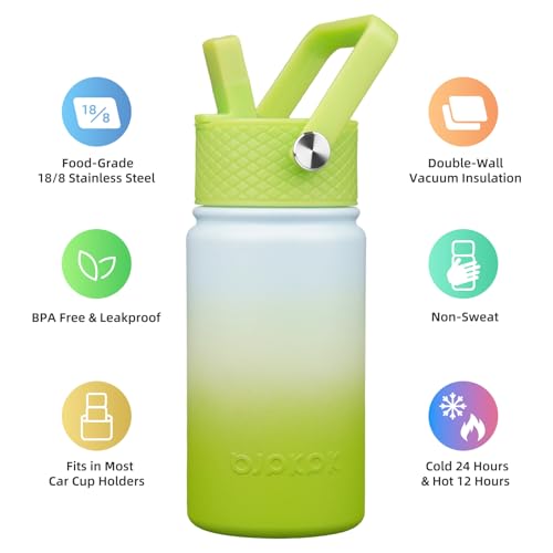 BJPKPK Insulated Water Bottle, 15oz Stainless Steel with Straw Lid | Leak Proof, BPA-Free, Vacuum Insulated, Keep Drink Cold & Hot, Metal Water Bottle for Travel, Gym, Office, Cupholder Friendly - color: Lime, style: N-15oz-Color Lid