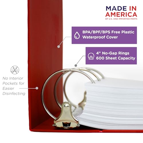 Carstens 4-Inch Heavy Duty 3-Ring Binder - Side Opening, Brick Red, Durable Plastic, No-Gap Rings, Waterproof Cover, No Pockets, Holds 600 US Letter Sheets, BPA-Free, Made in USA (1840-3R), Case of 10 - color: Red, size: Case of 10