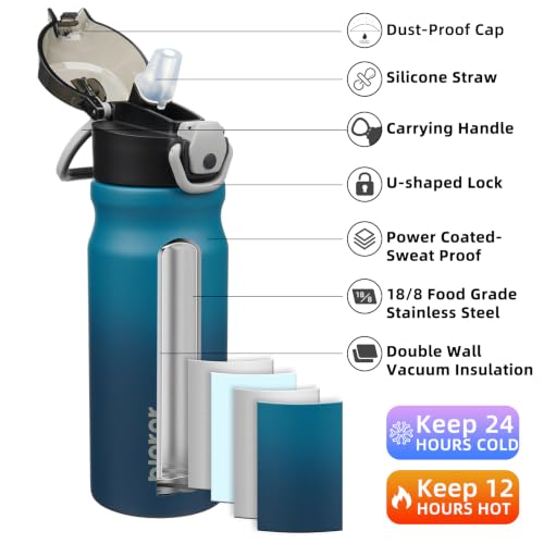 BJPKPK 18oz Insulated Water Bottle with Straw Stainless Steel Double Wall Water Bottles BPA Free Leak Proof Thermal Flask with Lockable Flip Lid and Soft Silicone Spout,Indigo Black - color: A-Indigo Black, size: 18 Ounces